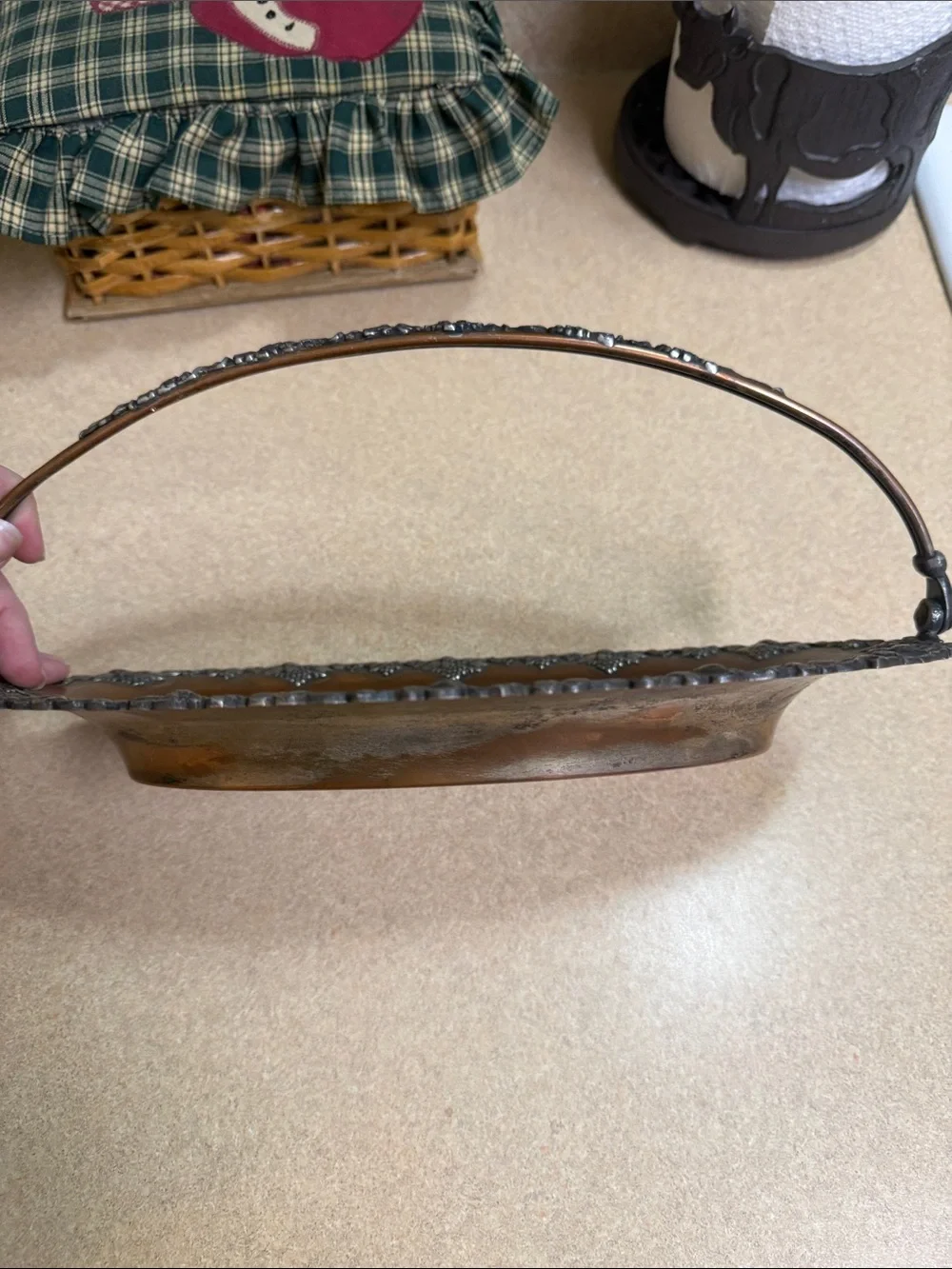 Sheffield Ornate Copper-Tone Grape Motif Handled Serving Basket
